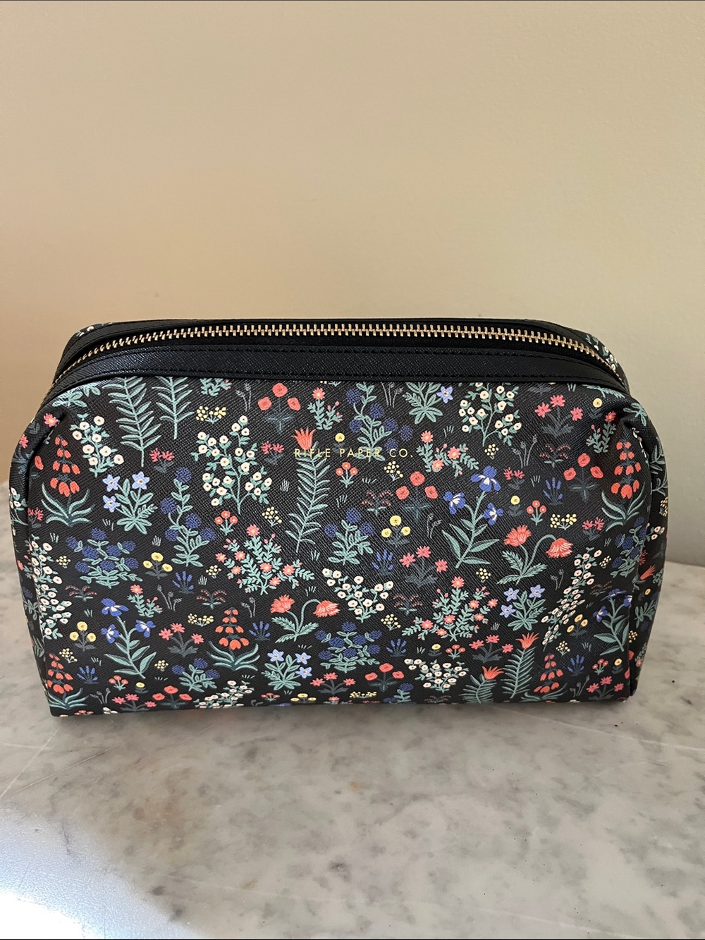 Rifle Paper Company Black Floral Zip Cosmetic Case, 10 x 7” x 3”, New